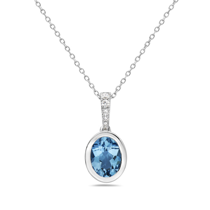 Swiss Blue Topaz Bezel Set Oval Necklace in 14 Karat White Gold