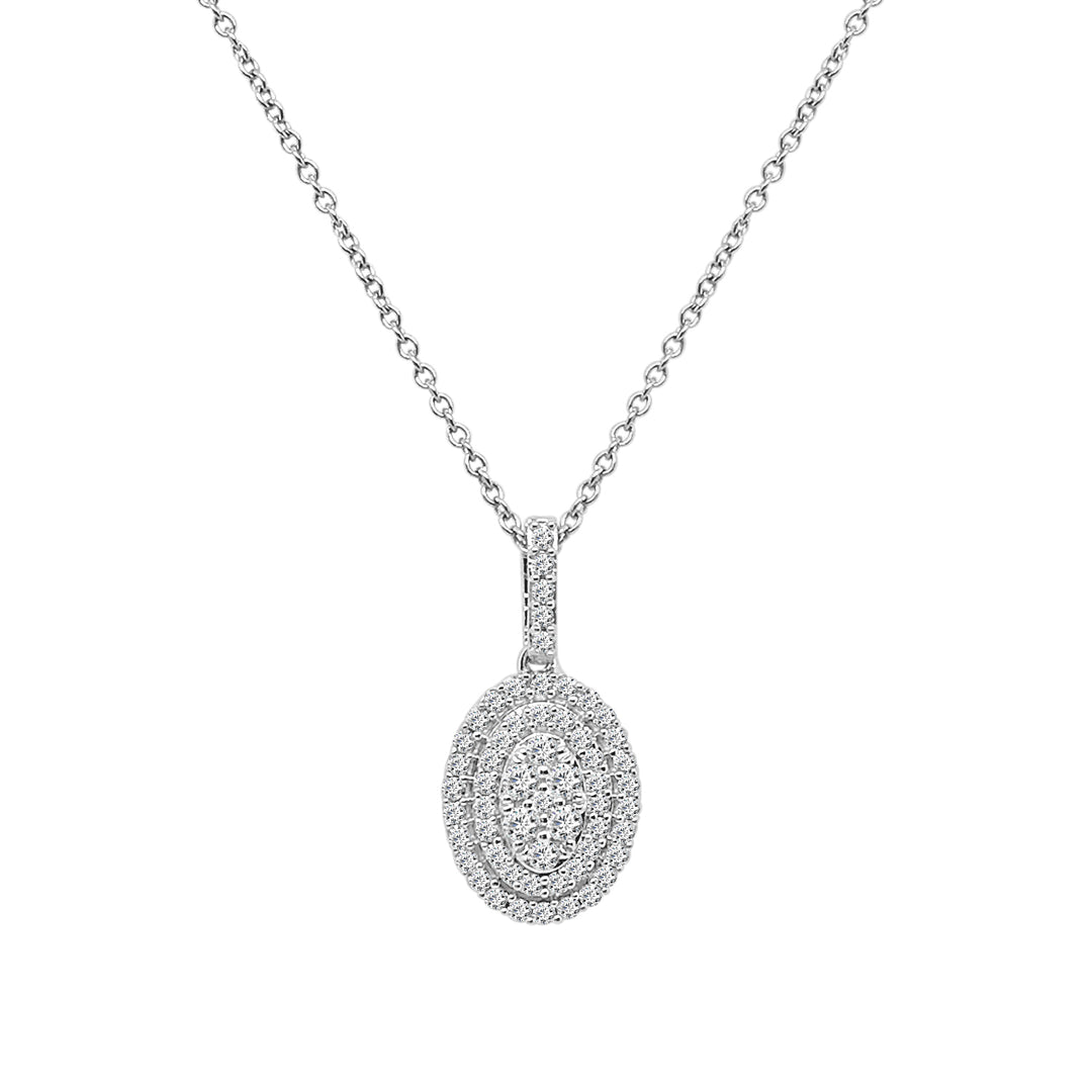 Sparkling Brilliance: Natural Diamond Cluster Oval Double Halo Necklace in 10 Karat White Gold