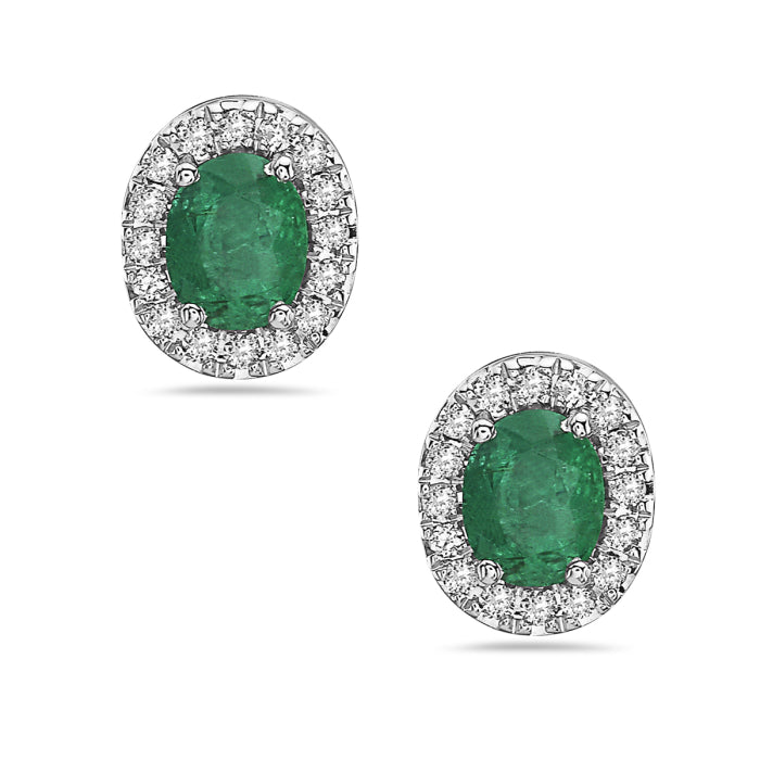 14 Karat White Gold Oval Halo Emerald Earrings