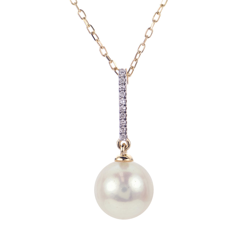 14K Yellow Gold Necklace with AA Pearl and Diamond Drop Pendant