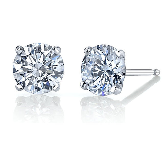 Solitaire Studs: 1.00 Carat Lab Diamond, Four Prong, Round Shape, 14 Karat White Gold
