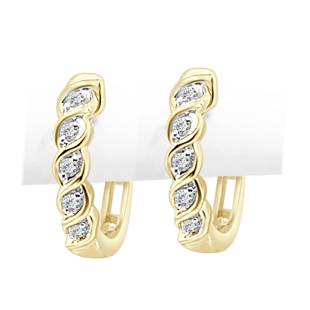 Twisted Diamond Huggie Earrings in 10 Karat Yellow Gold with Natural 0.10 Round Shape Diamonds