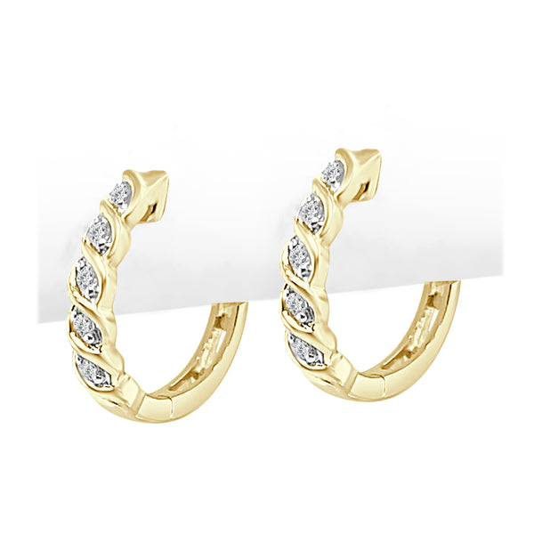 10 Karat Yellow Gold Twisted Diamond Huggie Earrings with Natural Round 0.10 Carat Diamond