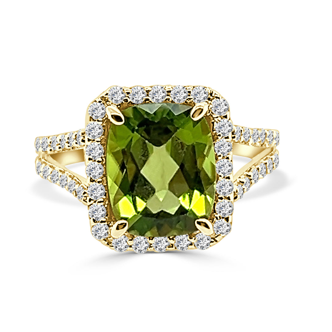 Radiant Peridot Split Shank Ring in 14K Yellow Gold