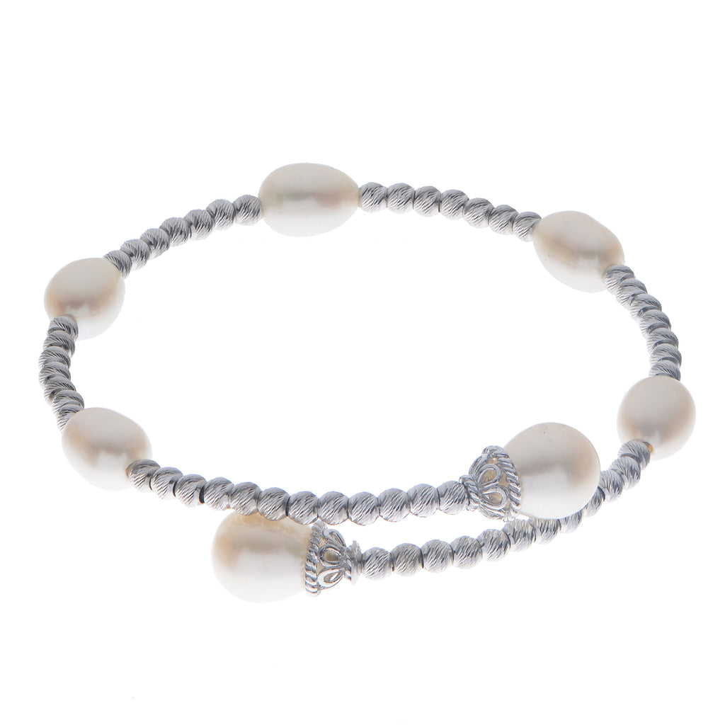Rhodium Brilliance Bead Sterling Silver Pearl Bracelet