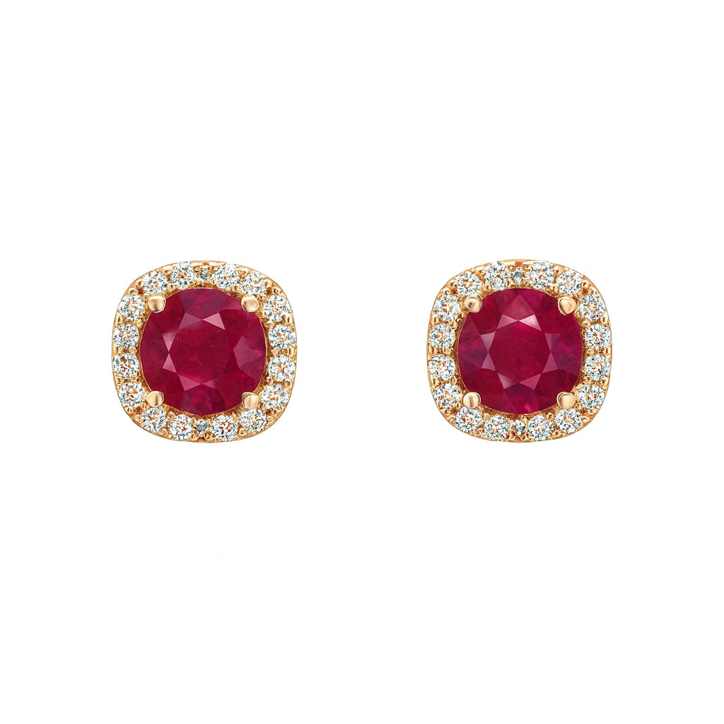 14K Yellow Gold Ruby Halo Stud Earrings, Round Shape - 1 Carat
