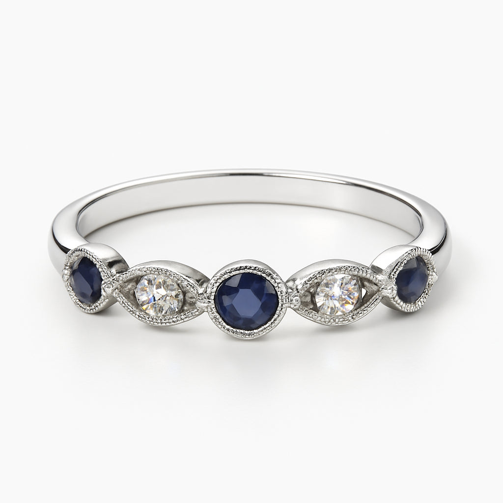 Christmas Sparkle: 10 Karat White Gold Blue Sapphire Ring – Round Shape 0.12