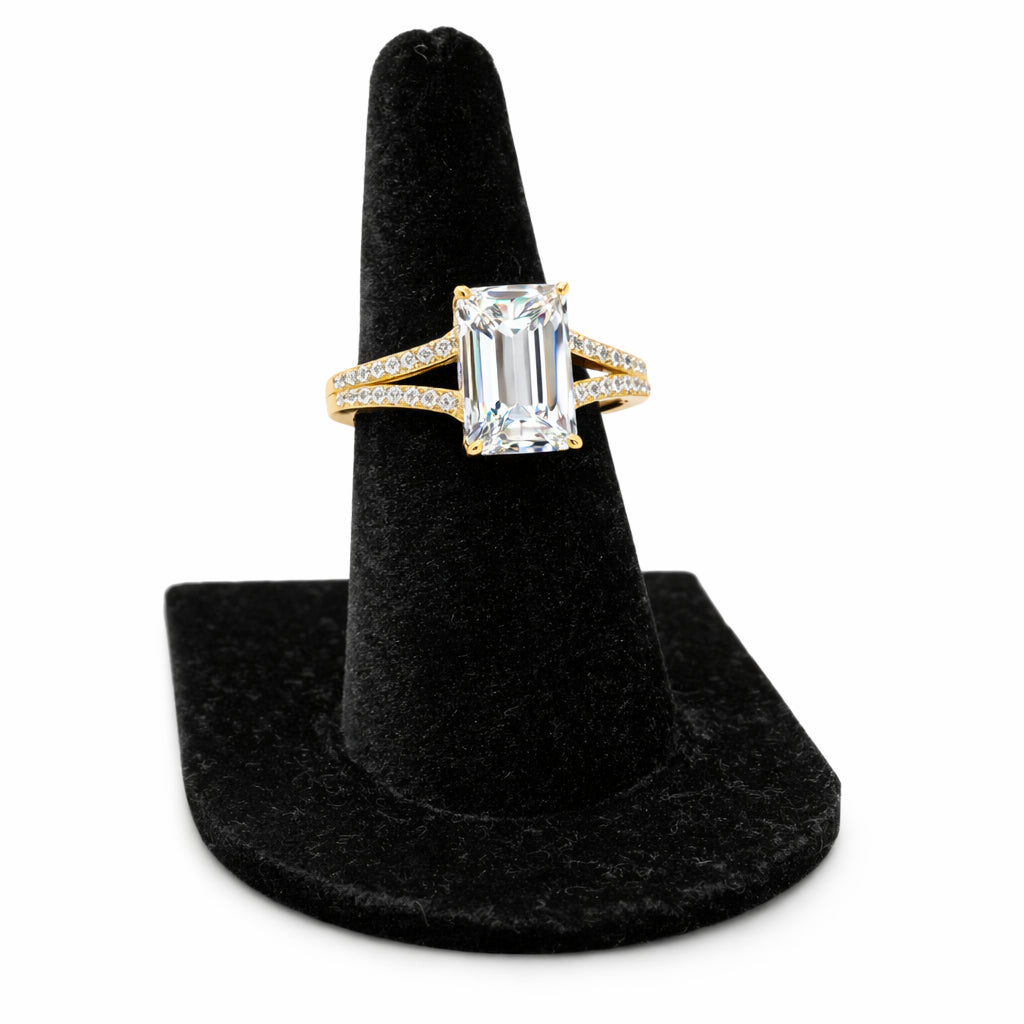 14K Yellow Gold Split Shank Hidden Halo Engagement Ring with Emerald and Round Lab Diamond Side Stones