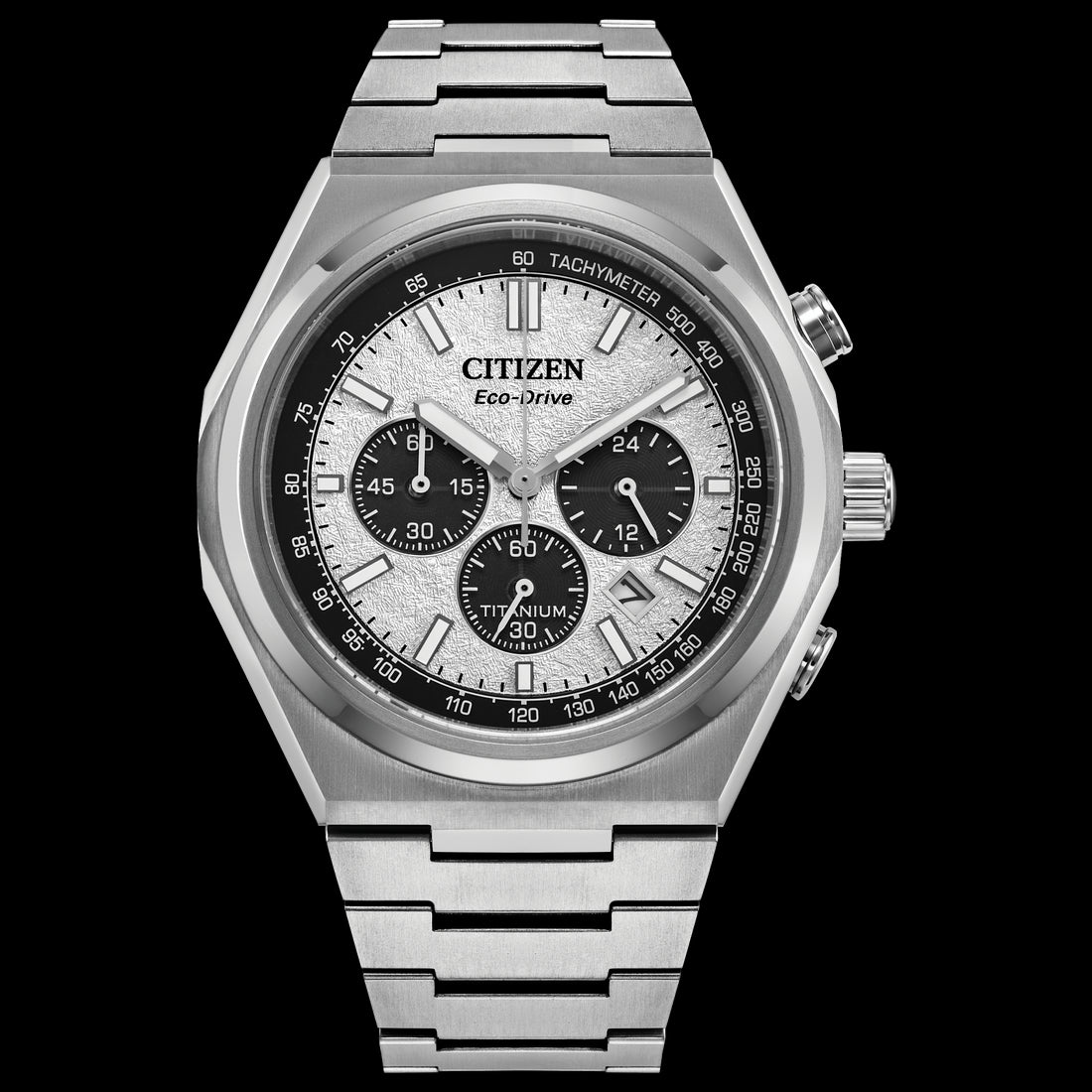 Citizen Zenshin Chrono Mens Watch with White Textured Dial and Stainless Steel Band