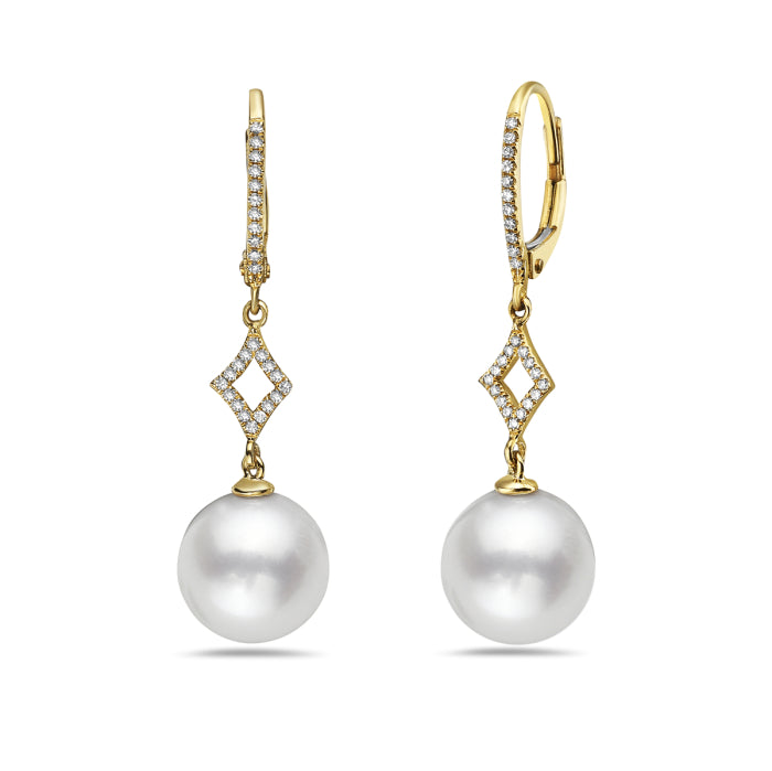 Stunning 14K Yellow Gold Diamond and Pearl Drop Earrings