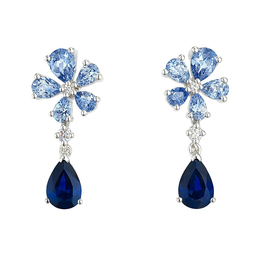Floral Blue Sapphire Pear Shape Earrings in 14 Karat White Gold - 5.20 Carat