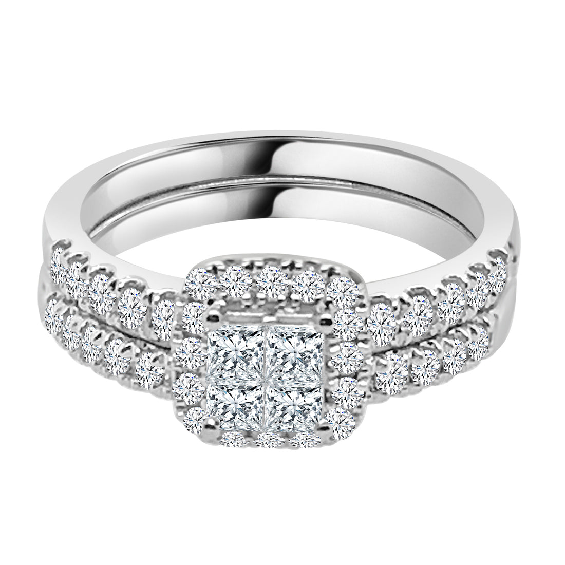 14 Karat White Gold Wedding Set with 1.02 Carat Natural Diamond Cluster