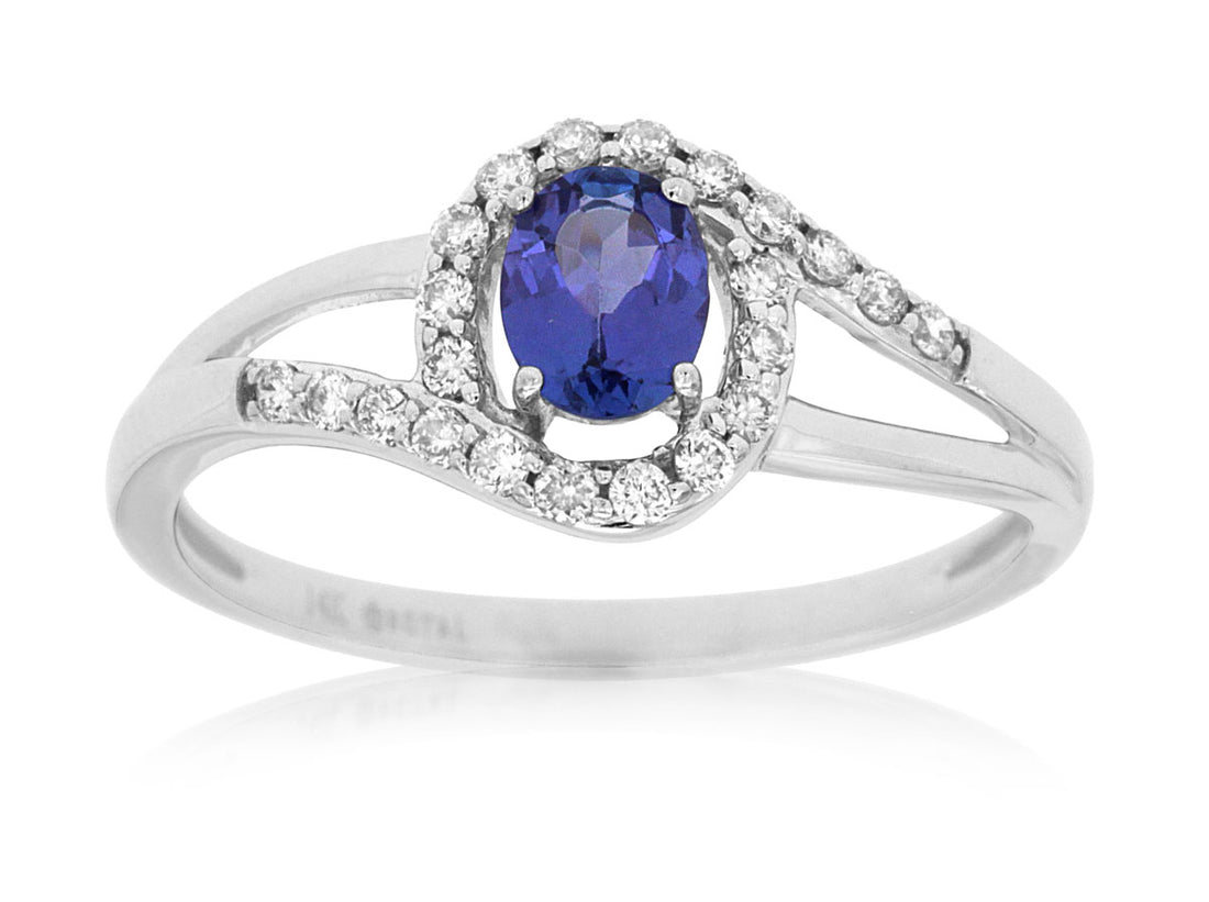 14K White Gold Tanzanite and Diamond Ring with Oval-Shaped Stone, 0.22 ct