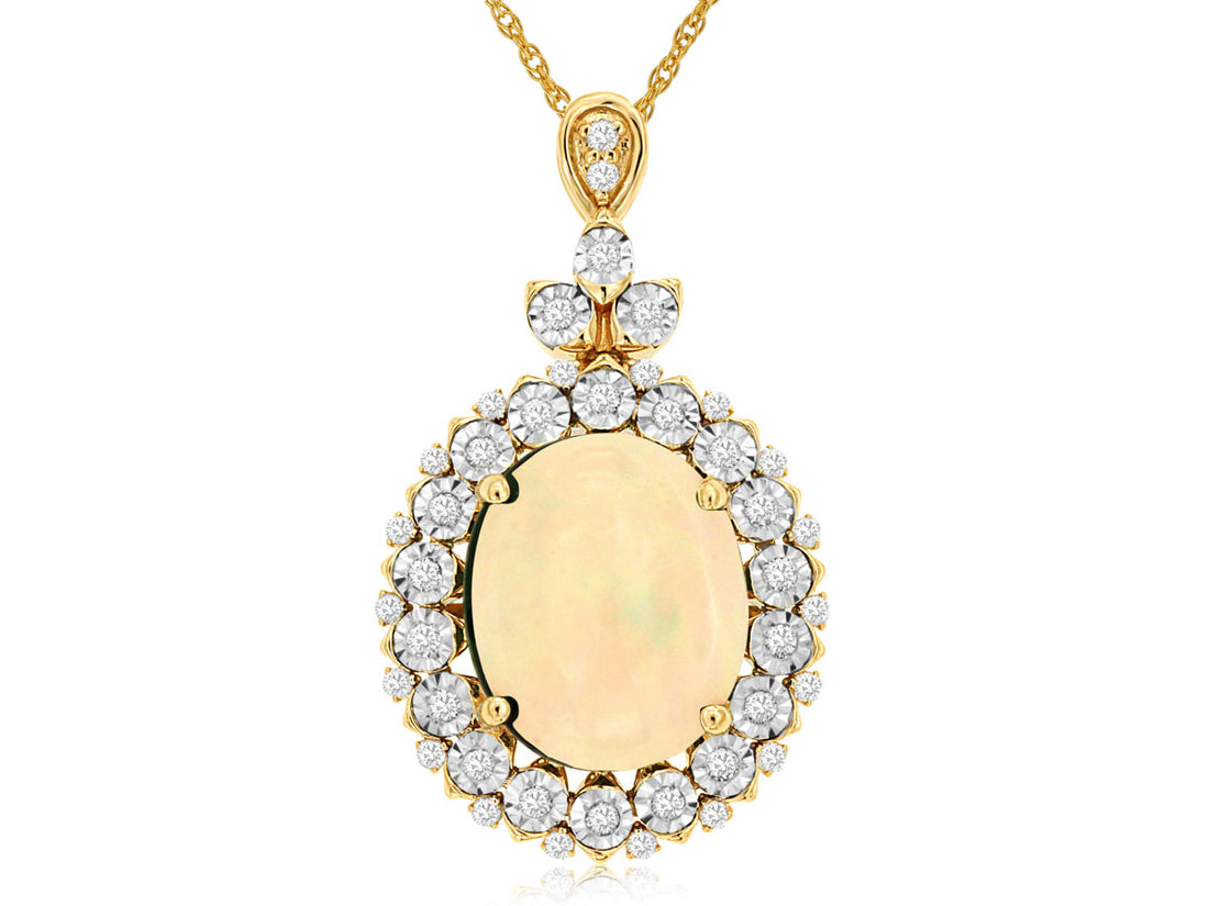 14 Karat Yellow Gold Opal Oval Halo Necklace, 3.00 Carats