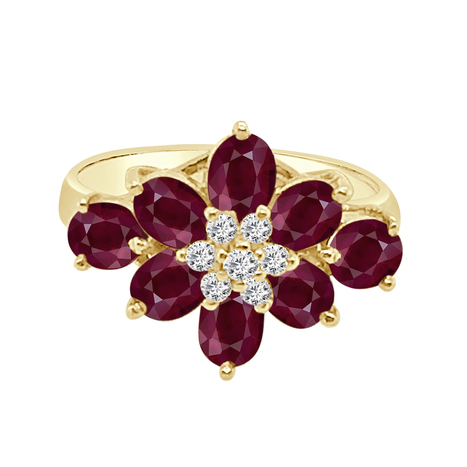 Ruby Flower Ring in 14 Karat Yellow Gold - Elegant Dia Flower Design with Ruby Petals