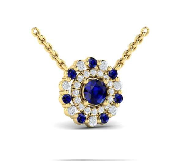 Double Halo Blue Sapphire Necklace in 14 Karat Yellow Gold - 0.49 Carats