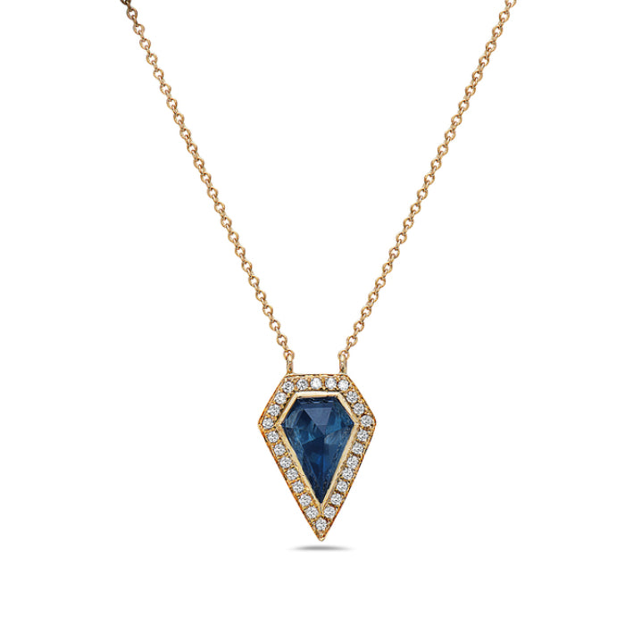 14 Karat Yellow Gold Blue Topaz Halo Shield Necklace