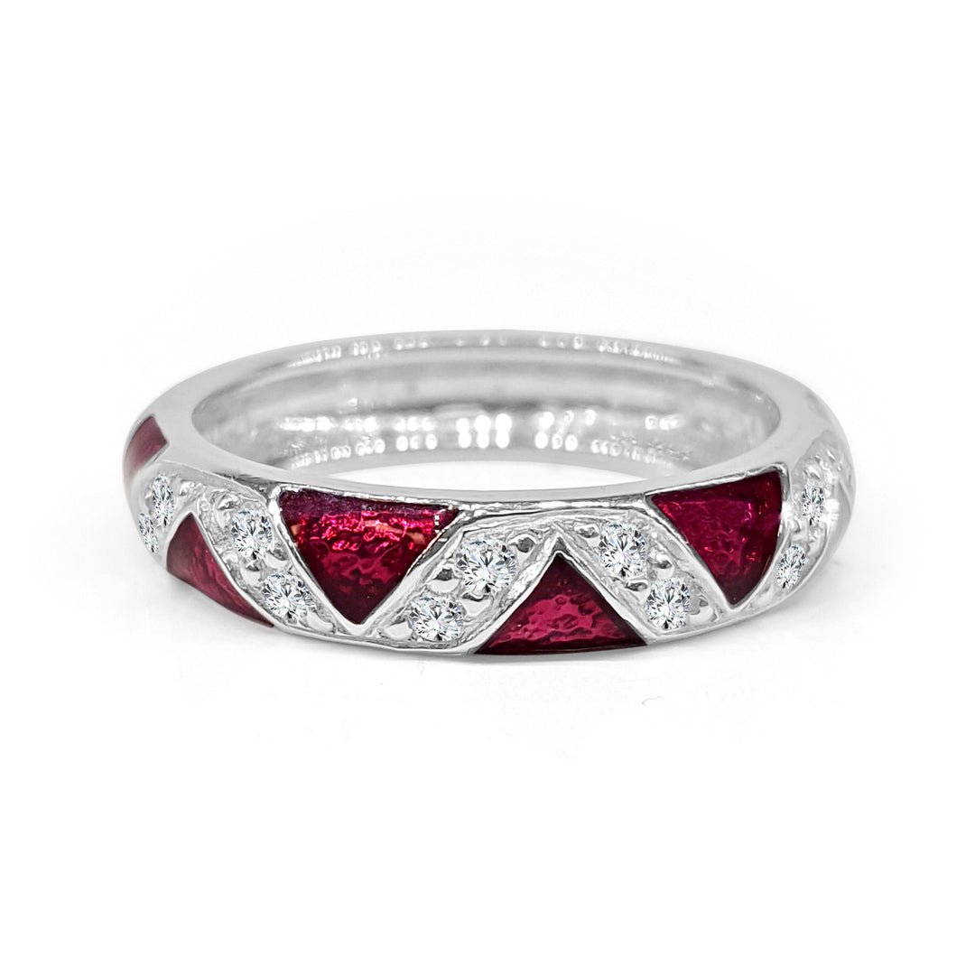 Fushia Enamel Zigzag Ring in 18 Karat White Gold with Natural Diamond, 0.24 ct