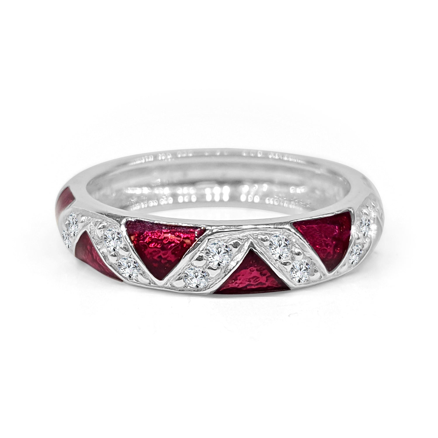 18K White Gold Zigzag Ring with Fuchsia Enamel Accent and 0.24 ct Natural Diamond
