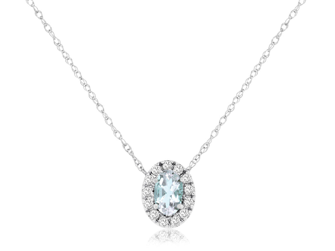 14 Karat White Gold Halo Cable Necklace with Oval Aquamarine Gemstone and Round Natural Diamond Accents
