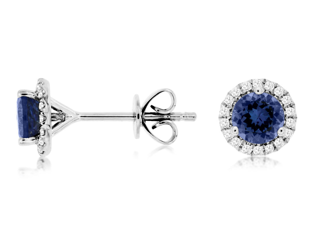 14k White Gold Halo Stud Earrings with Tanzanite Gemstone and Natural Diamond Accents