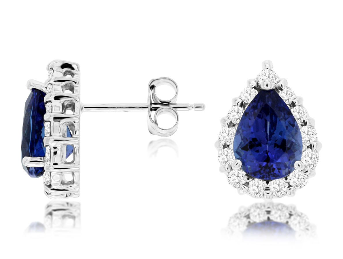 14 Karat White Gold Tanzanite Pear Halo Earrings - 2.20 Carat