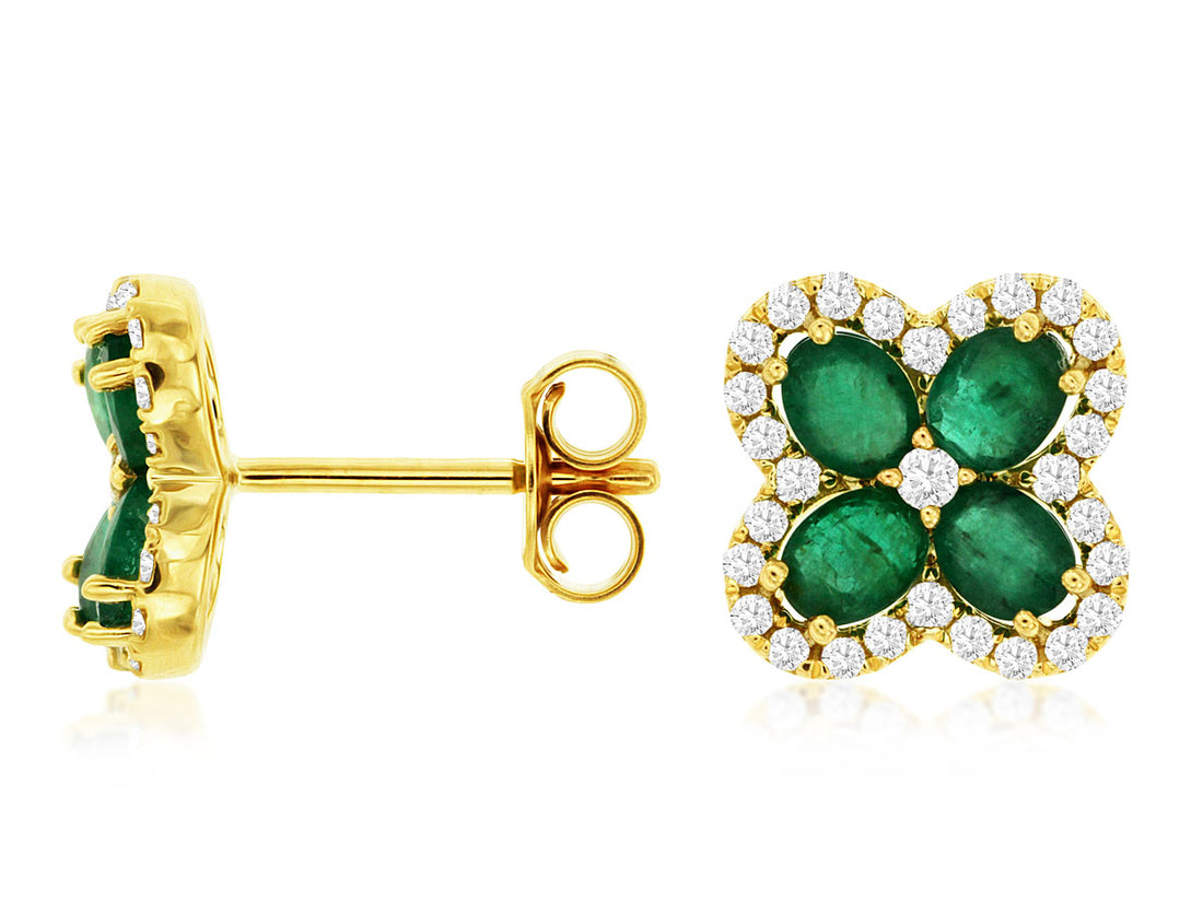 14K Yellow Gold Floral Halo Emerald and Diamond Oval Earrings