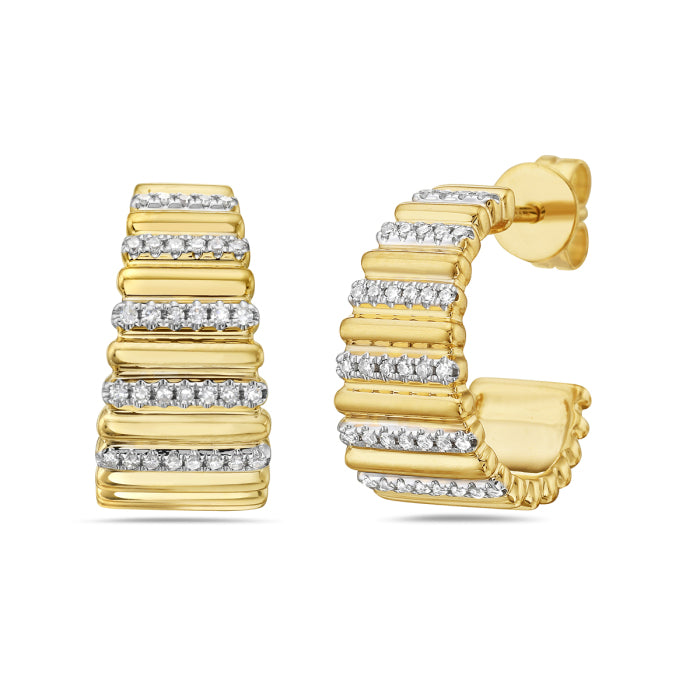 14 Karat Yellow Gold Round Shape Earrings with Alternating Line Hoops and Natural Diamond Accents