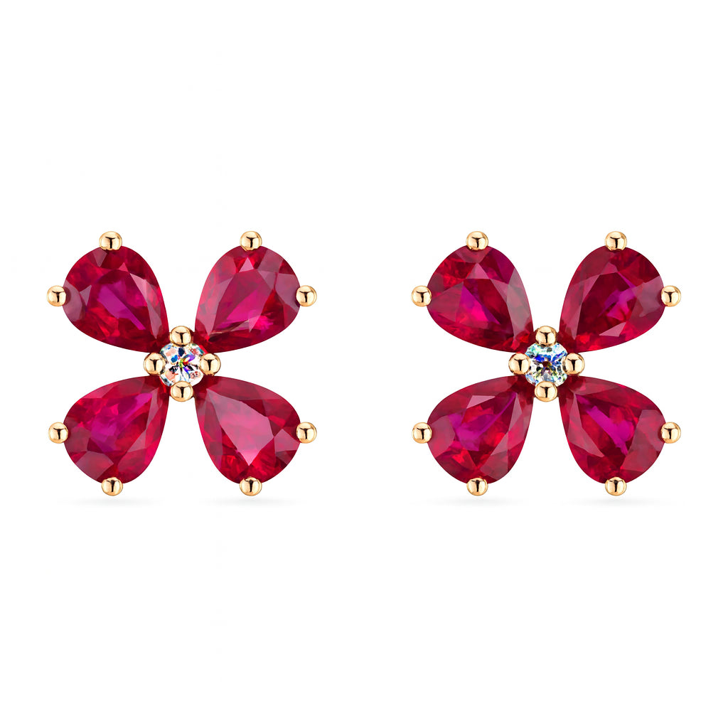14K Yellow Gold Ruby Floral Stud Earrings with Pear and Round Shape Natural Diamond Accents