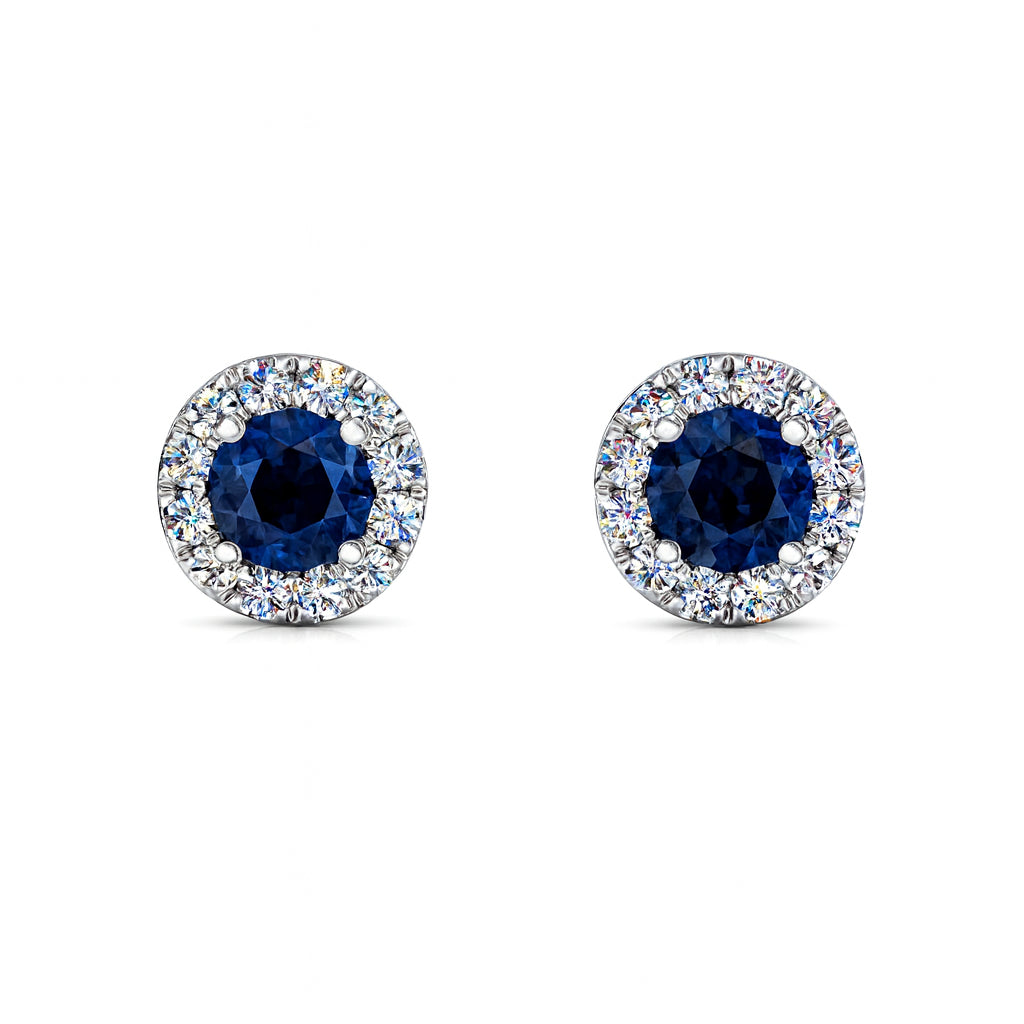 14 Karat White Gold Halo Stud Blue Sapphire Earrings, 0.60 Round Shape