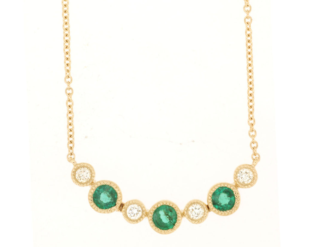 Emerald Bezel Set 6 Stone Necklace in 14 Karat Yellow Gold - Round Shape, 0.30 Carat