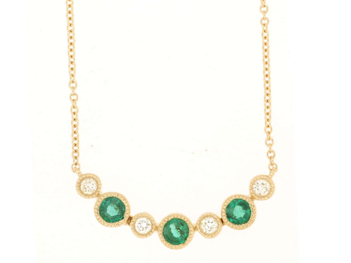 Emerald Bezel Set 6 Stone Necklace in 14 Karat Yellow Gold - Round Shape 0.30 Carat