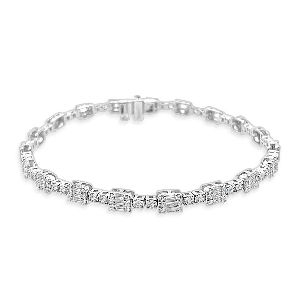 Classic Brilliance: 14 Karat White Gold Baguette and Round Cut Diamond Tennis Bracelet, 2.50 Carat