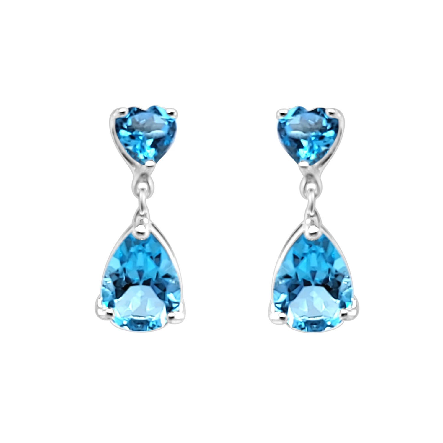 Stunning Sterling Silver Heart and Pear Shaped Blue Topaz Earrings - 5.59 carats