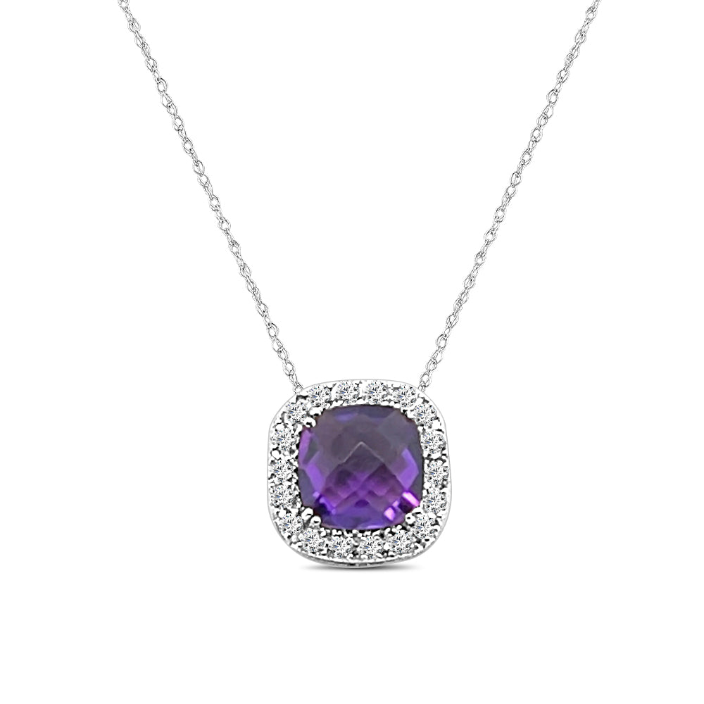 14 Karat Rose Gold Cushion Amethyst Necklace with Double Halo and Cushion Shape, 4 Carats