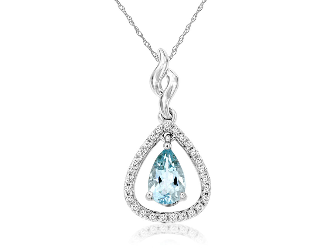 14K White Gold Aquamarine and Diamond Pear Shape Pendant Necklace - 0.66 carats