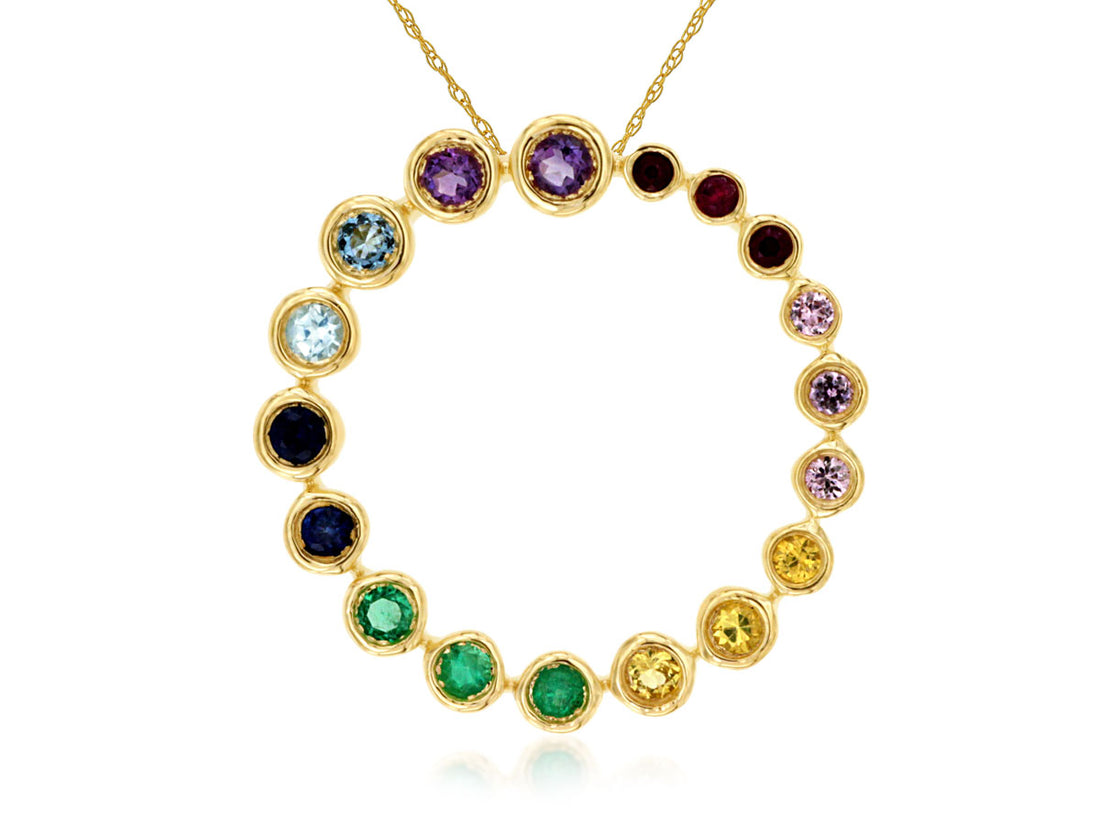 Multicolor Gemstone Graduated Bezel Set Necklace in 14 Karat Yellow Gold Cable Chain