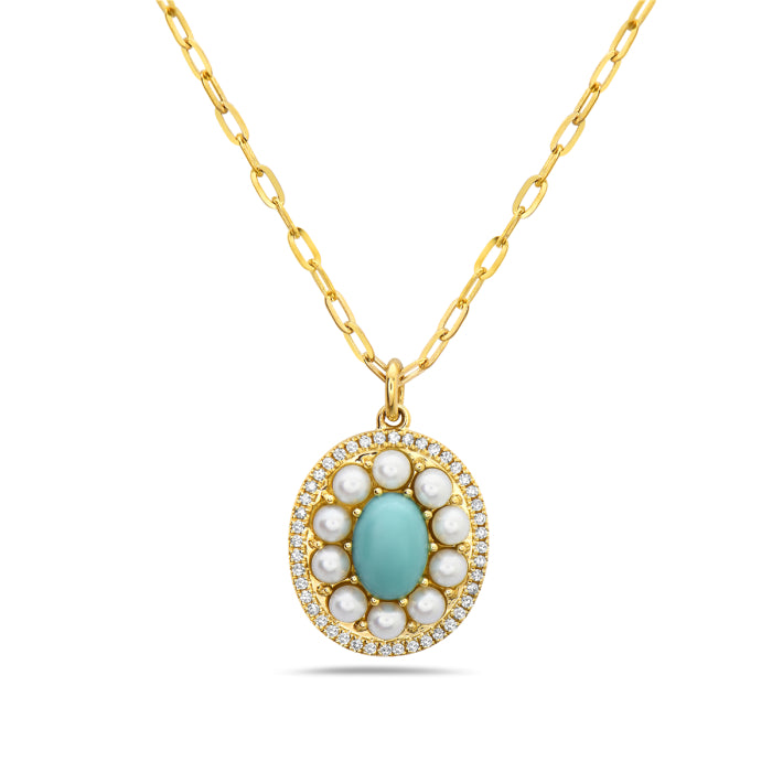 Fancy Oval Pearl Halo Necklace in 14 Karat Yellow Gold with Turquoise Accent