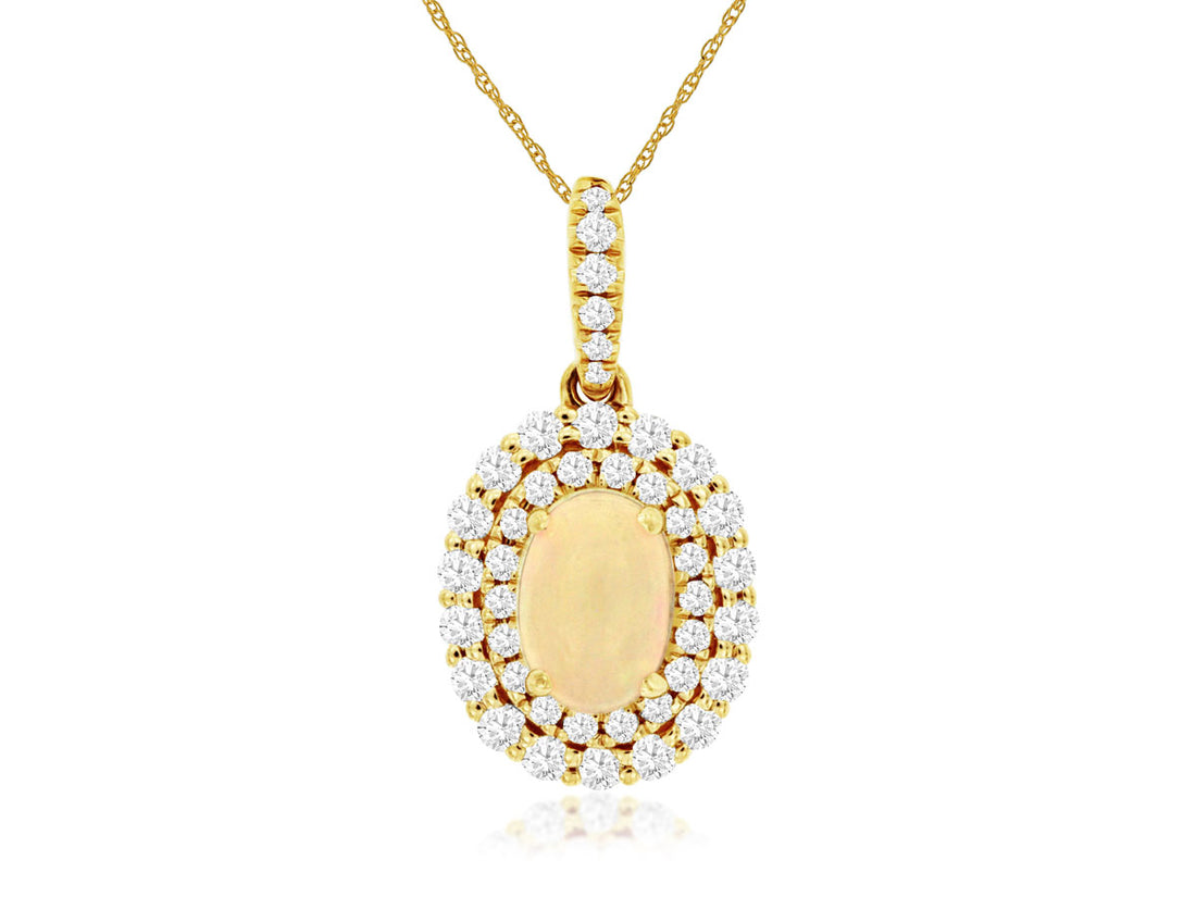 14K Yellow Gold Oval Opal and Diamond Double Halo Necklace