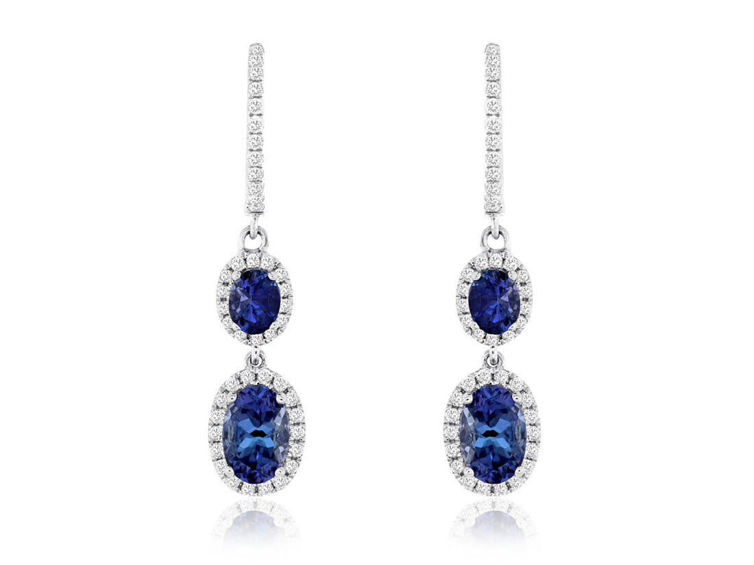 Elegant Tanzanite and Diamond Earrings in 14 Karat White Gold - Oval Shape, 1.20 ct