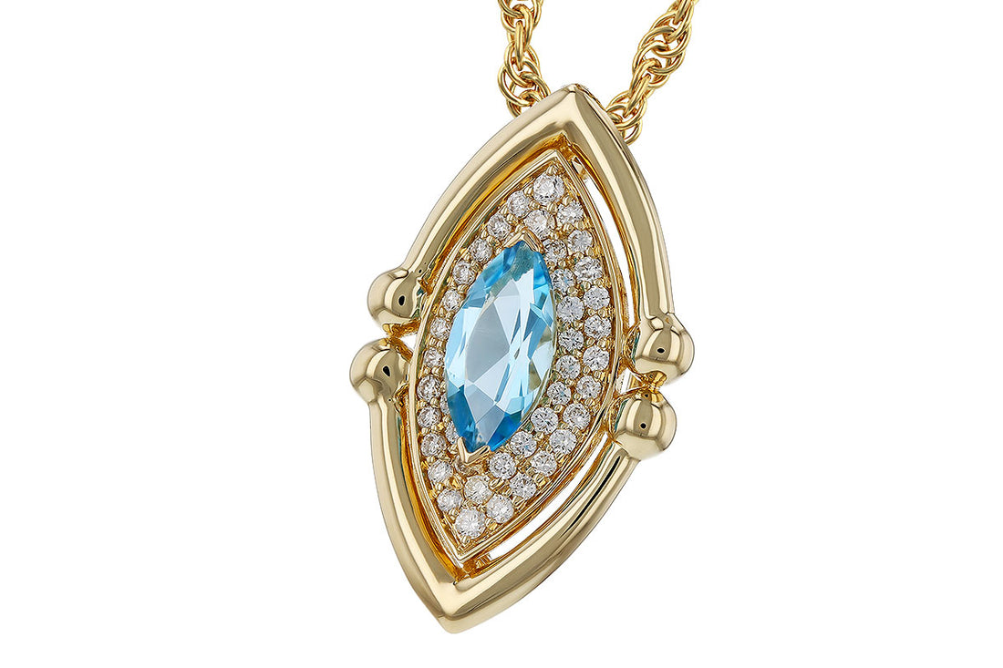 14K Yellow Gold Marquise Blue Topaz Pendant with Sparkling Diamond Accent