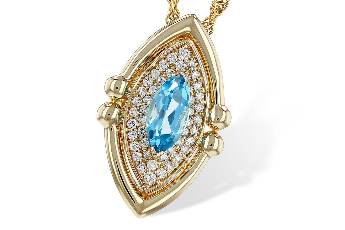 14K Yellow Gold Marquise Blue Topaz Pendant with Sparkling Diamond Accent