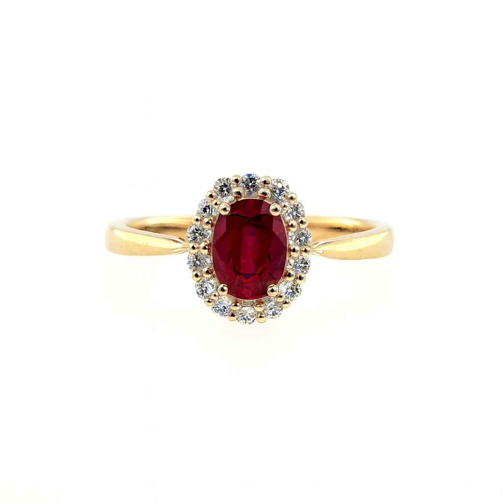 14K Yellow Gold Ruby Oval Halo Ring - 0.88 carats