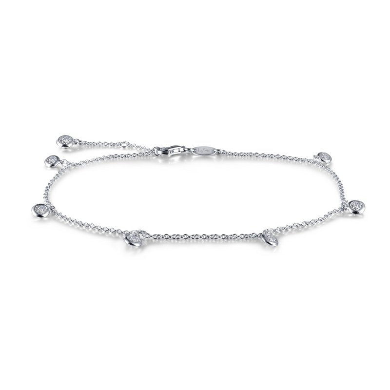 Platinum Coated Sterling Silver Anklet with Dangle Bezel Station featuring Lassaire 0.91 Carat Sparkle