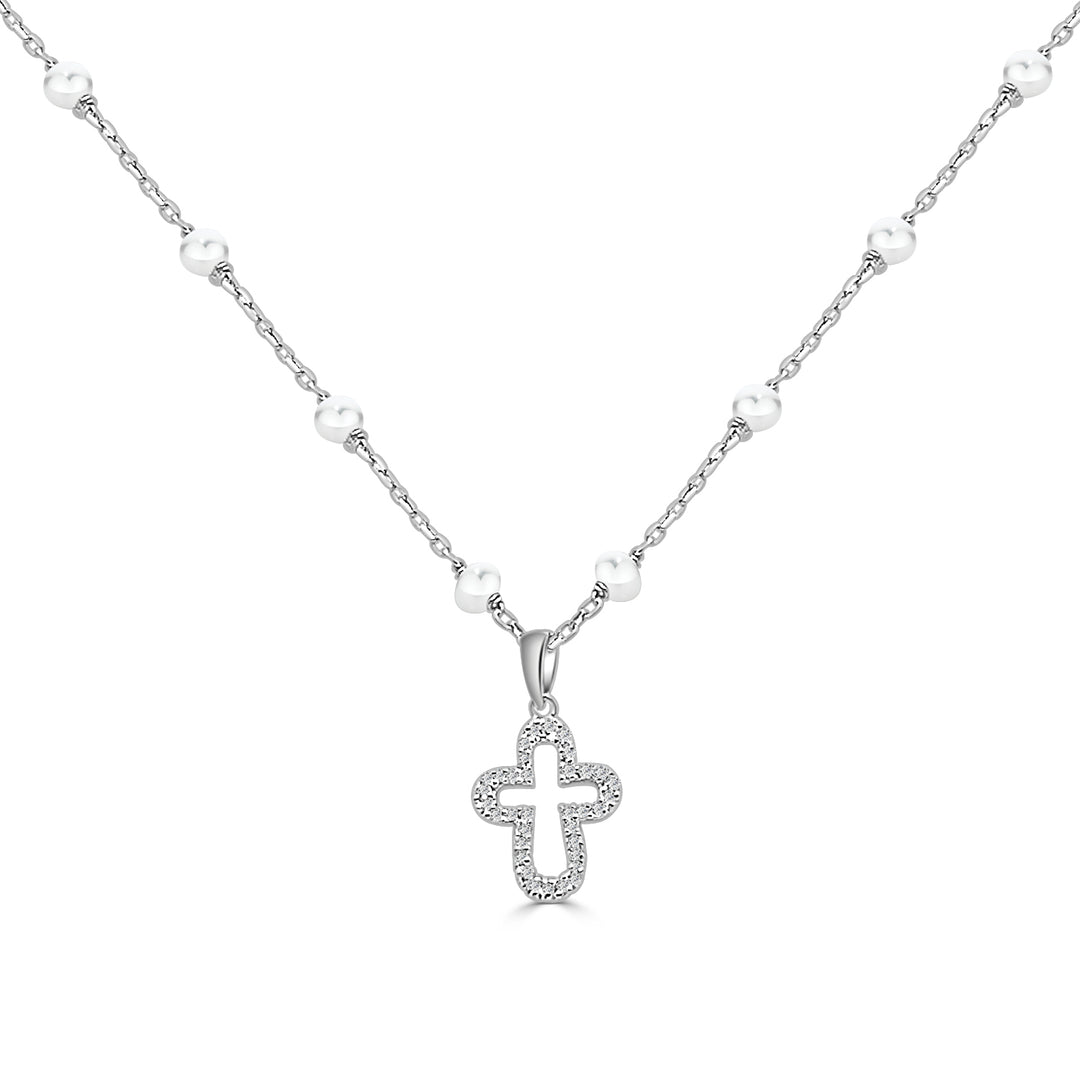 Elegance Refined: Sterling Silver Pearl Station Necklace with Pendant