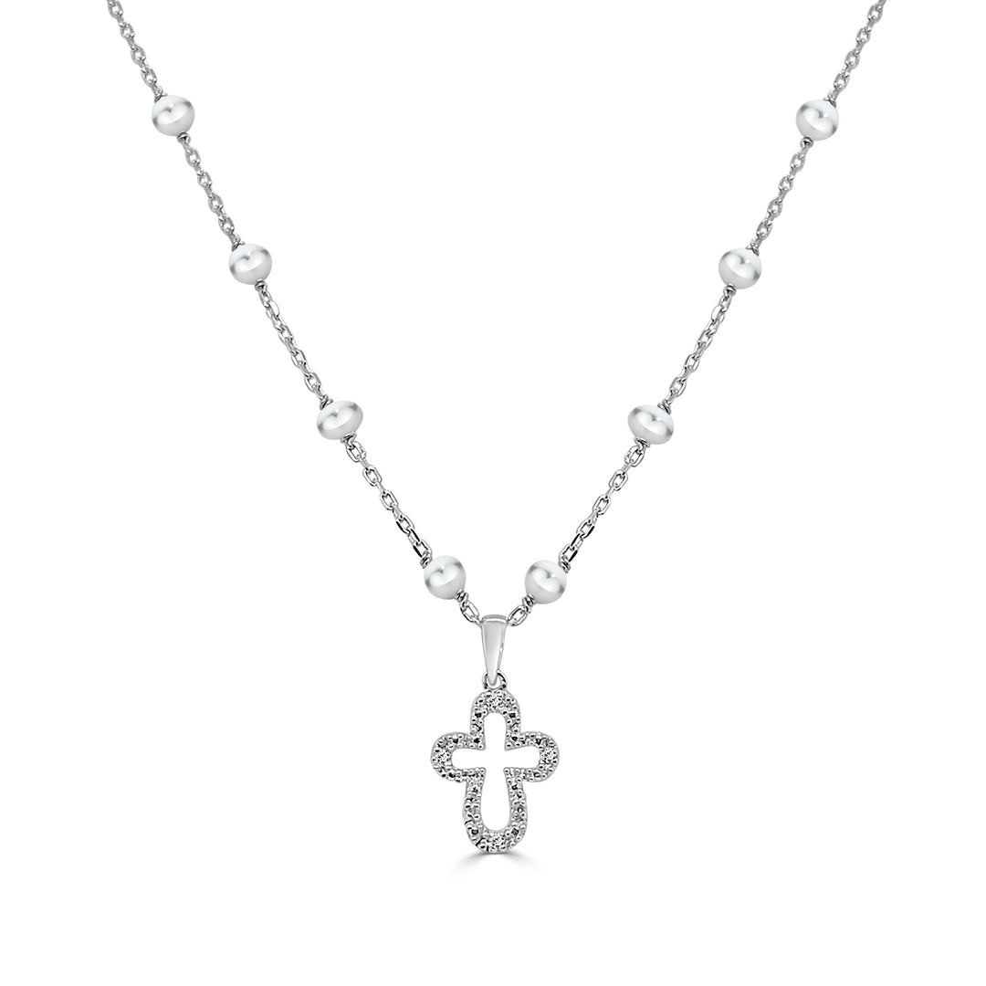 Elegance Refined: Sterling Silver Pearl Station Necklace with Pendant