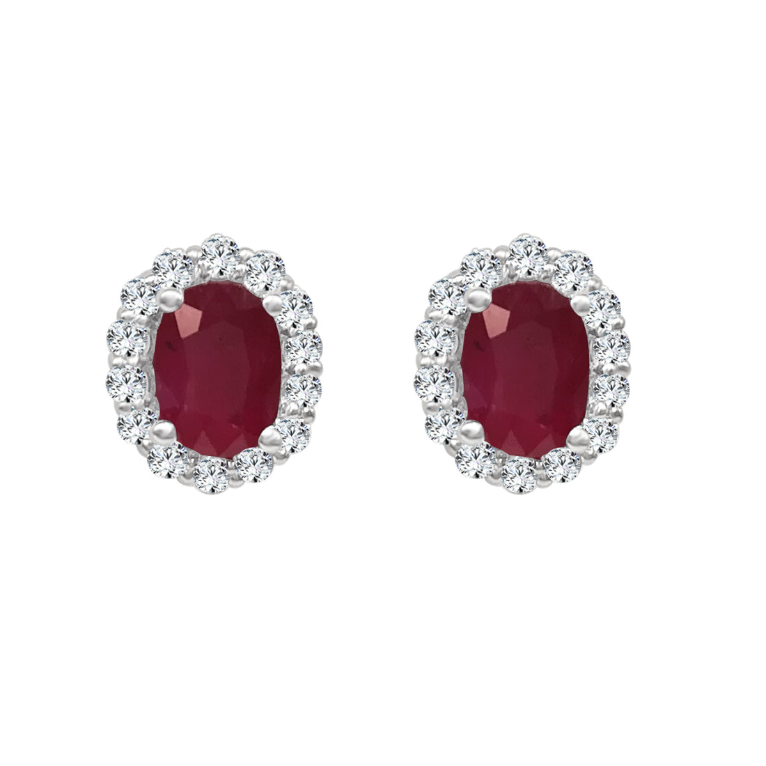 14 Karat White Gold Halo Stud Earrings with 3.40ct Oval Ruby