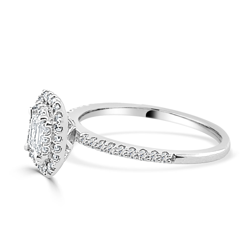 Exquisite 14 Karat White Gold Double Halo Emerald Cut Diamond Engagement Ring - 0.33 Carat, Natural Diamond, Emerald Shape