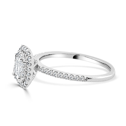 Exquisite 14 Karat White Gold Double Halo Emerald Cut Diamond Engagement Ring - 0.33 Carat, Natural Diamond, Emerald Shape