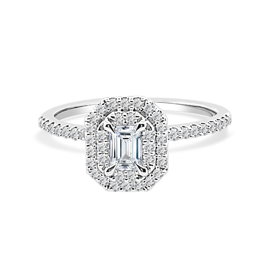 The Radiant Beauty: 14K White Gold Double Halo Emerald Cut Engagement Ring with 0.33ct Natural Diamond in Emerald Shape